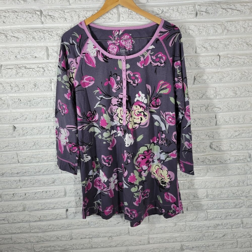 Soma Womens Pajama Top Extra Large 3/4 Sleeve Cotton Gray Lavender FLO249E